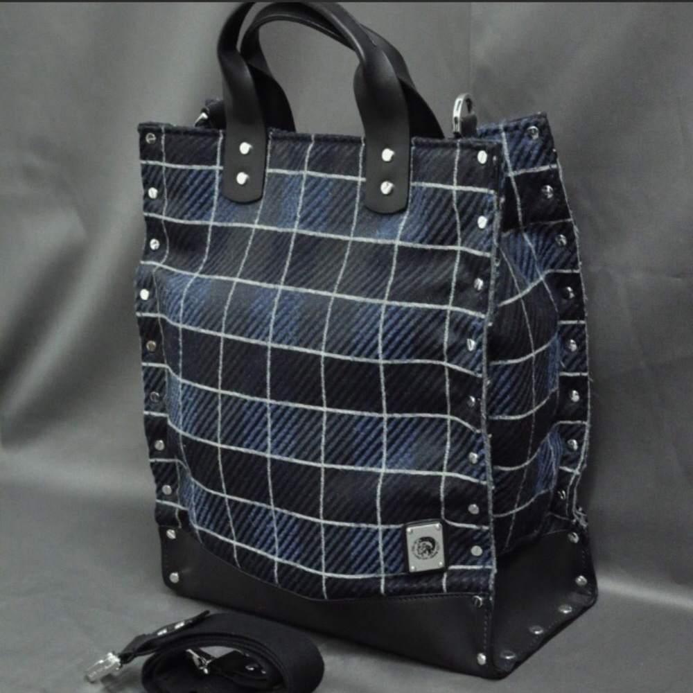Diesel Tote Plaid Leather Trim Shopper Handbag